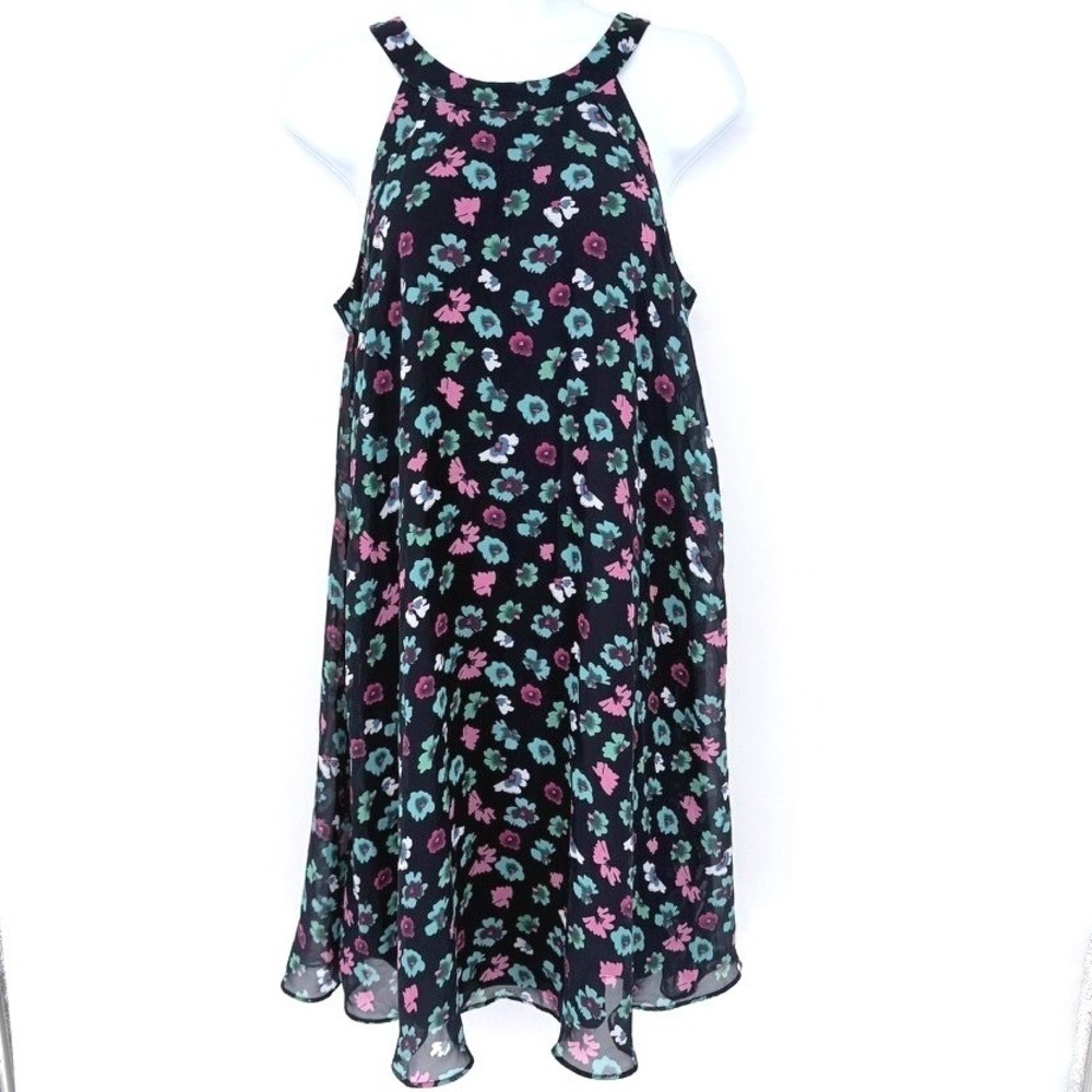 Betsey Johnson Floral Halter Dress Navy  Pink Teal‎ Size 4 Cottage Retro Flowy